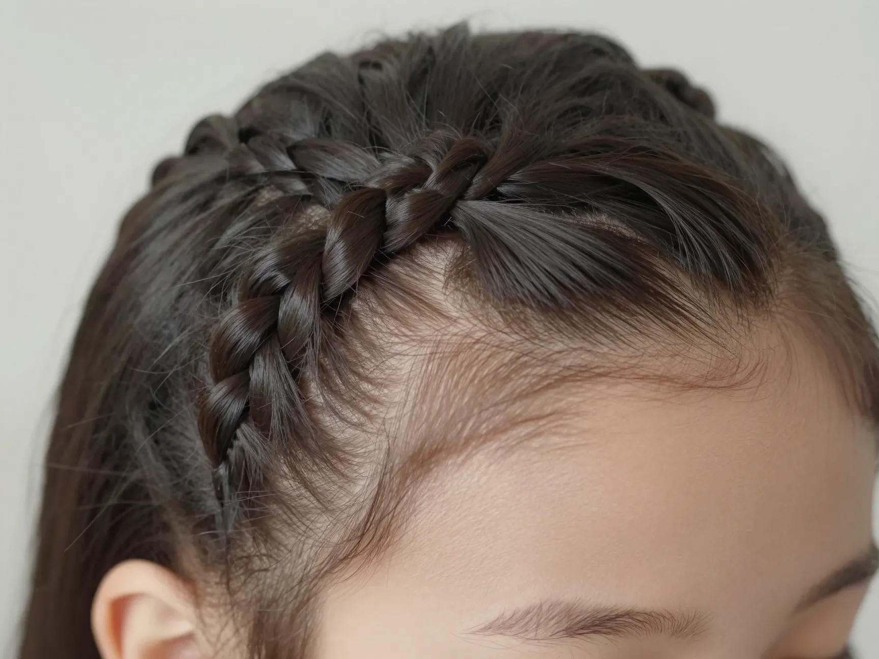 Feed in knotless cornrow braid close up on childs scalp