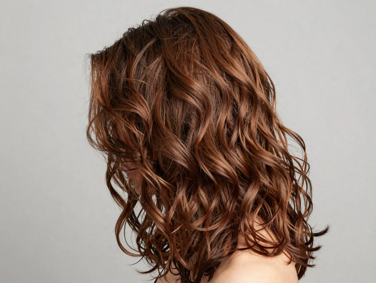 Modern shag with piecey choppy layers from crown on wavy hair