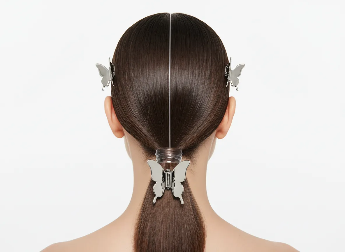 Sleek high ponytail with metallic butterfly clips on center part