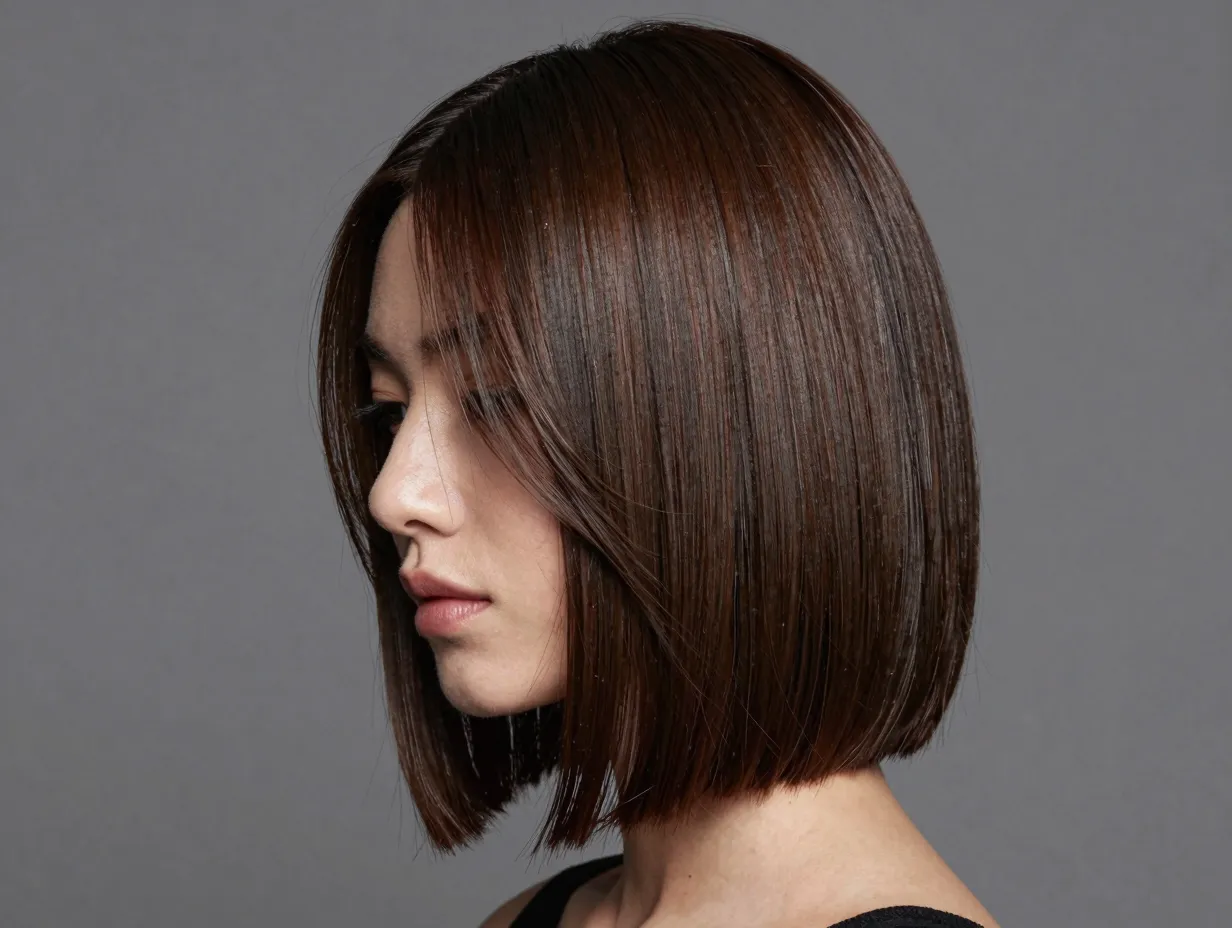 Textured lob with butterfly layers styled sleek and polished