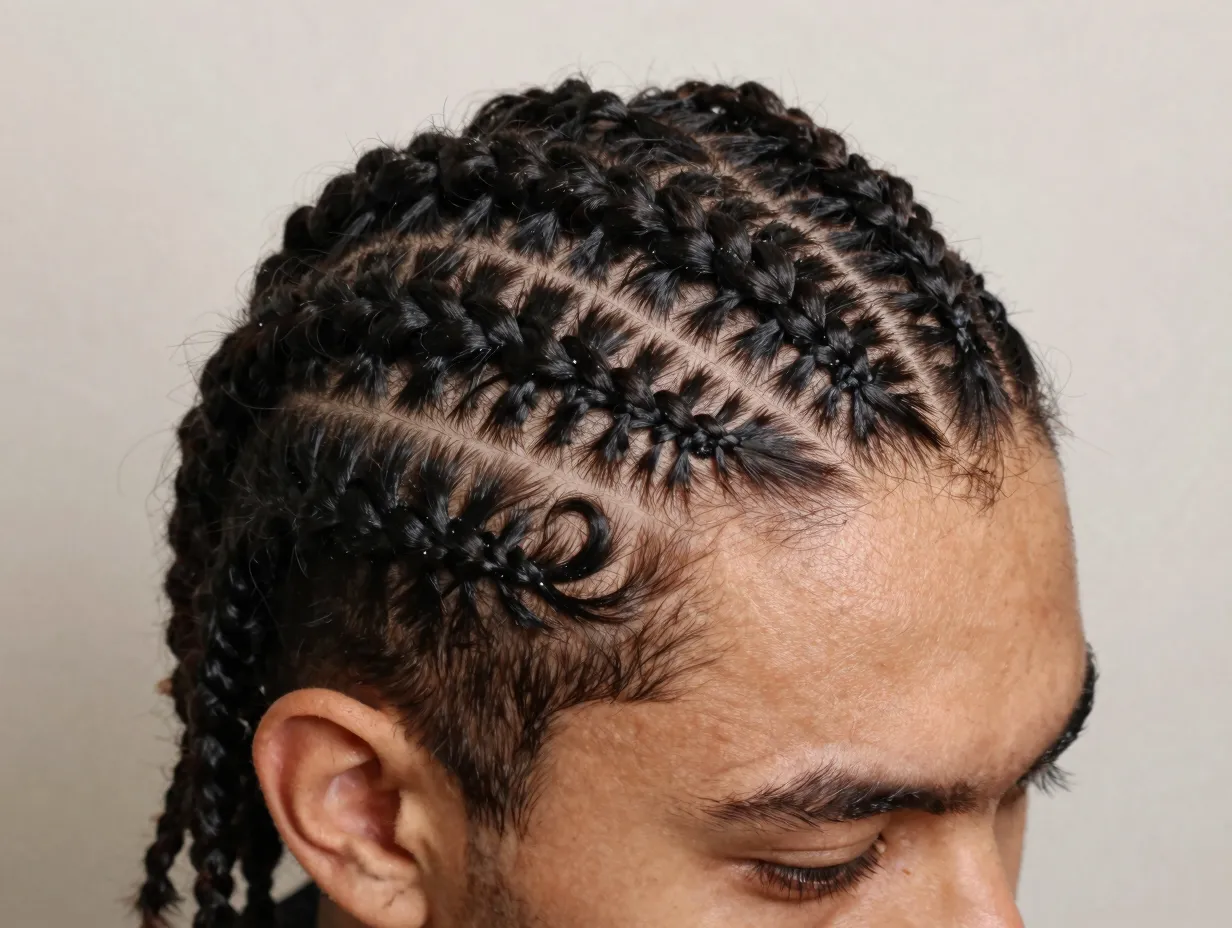 Curved freestyle cornrows organic swirl pattern artistic hair design