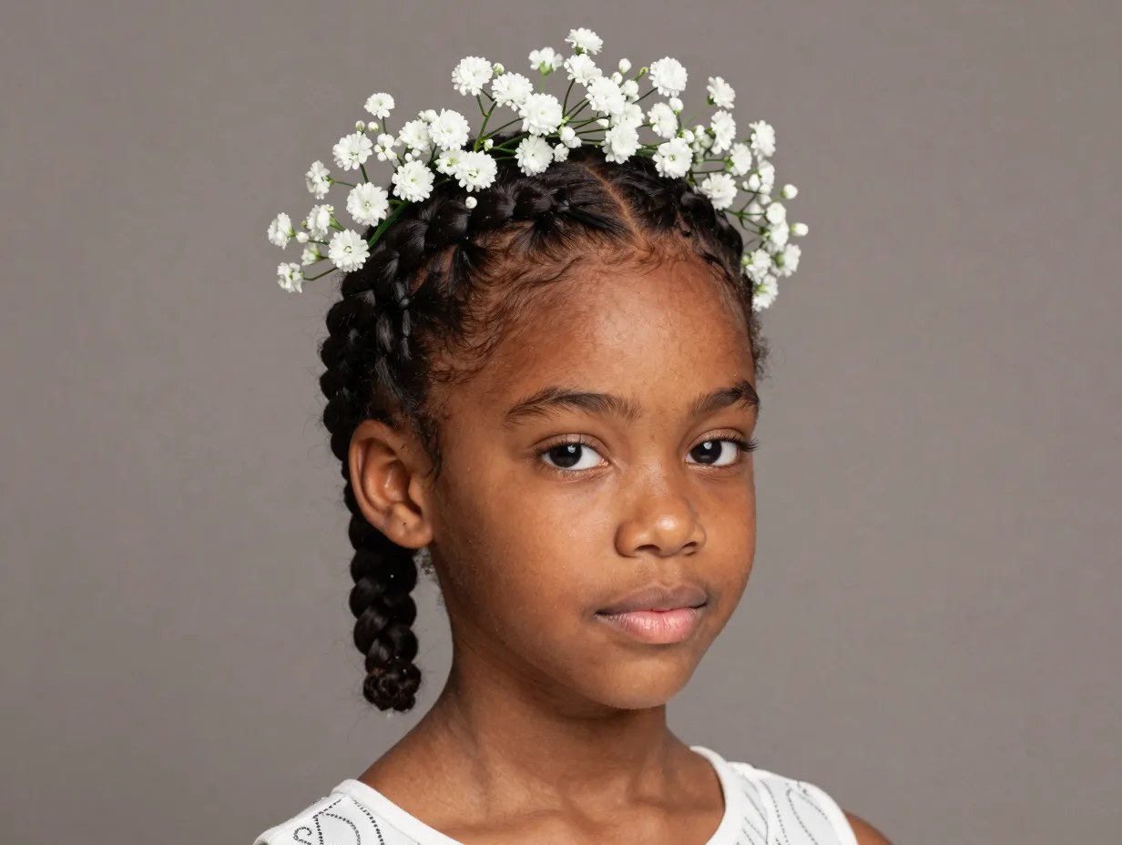 Halo crown braid on child with flowers for special occasion
