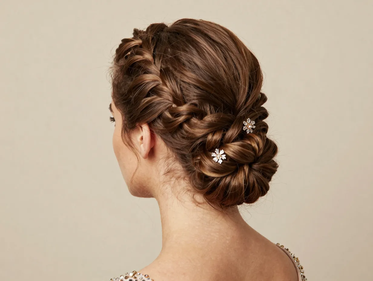 Twisted side updo pinned at nape with jeweled floral clip