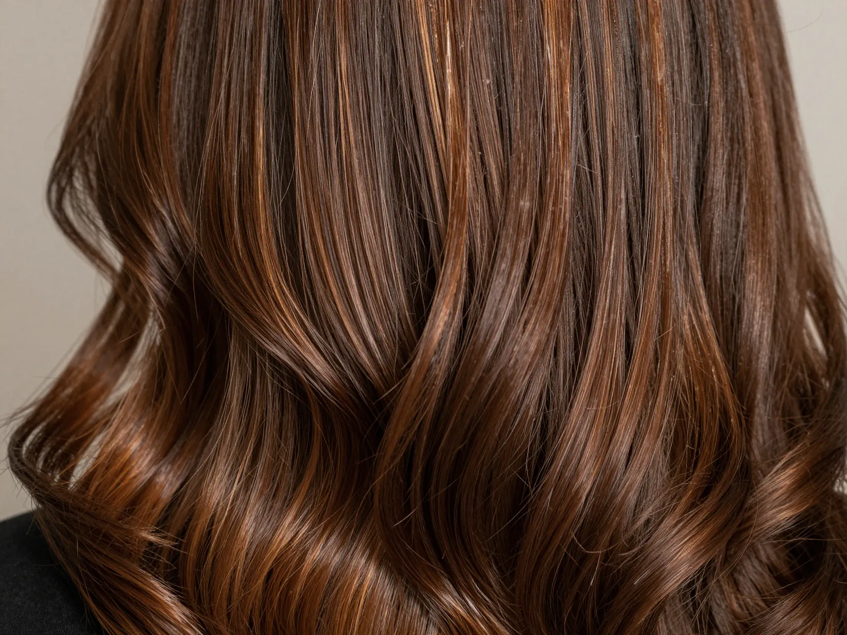 Glossy brown balayage hair hand painted highlights mirror like shine