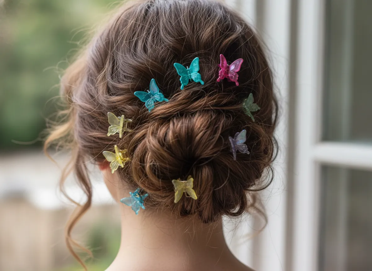 Messy low bun with scattered colorful butterfly clips