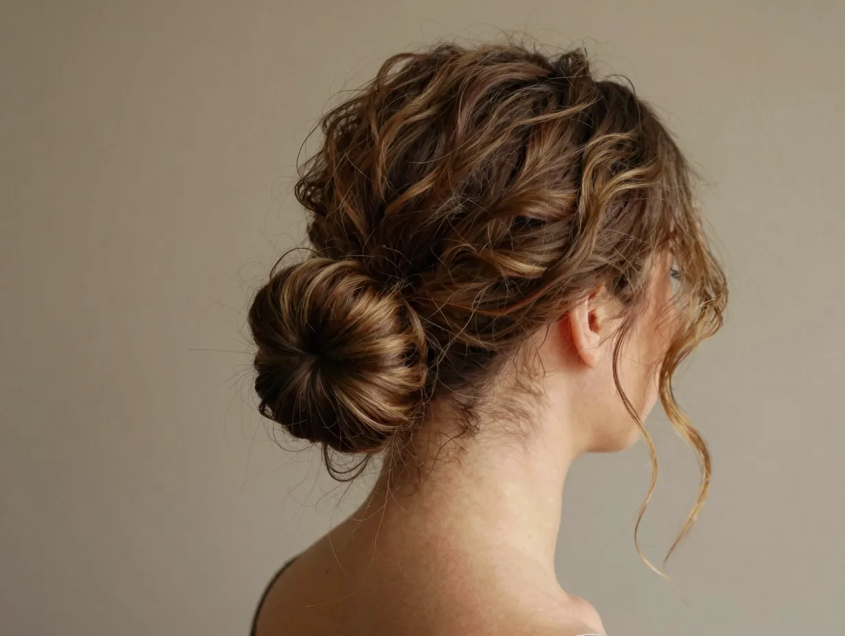Messy low chignon hairstyle with pulled out strands softening