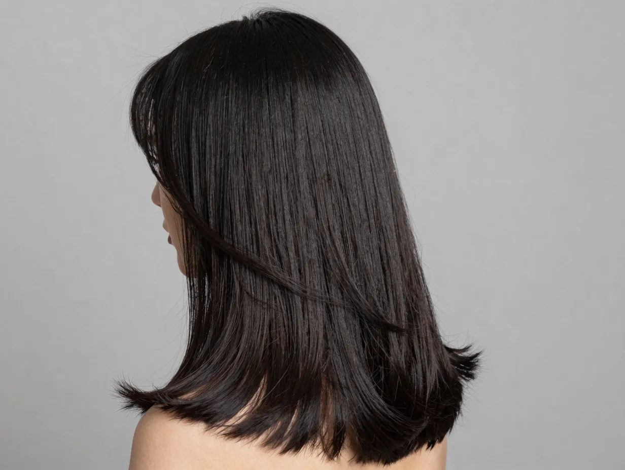 One length long hair with slight inward bevel curved ends