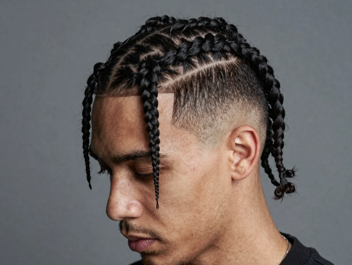 Pop smoke inspired thick feed in braids with high skin fade