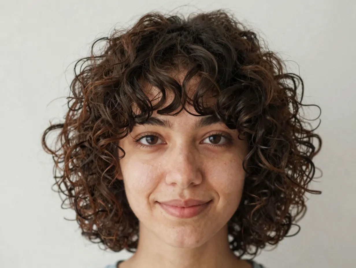 Short curly fringe cut wispy bangs layered voluminous backdrop