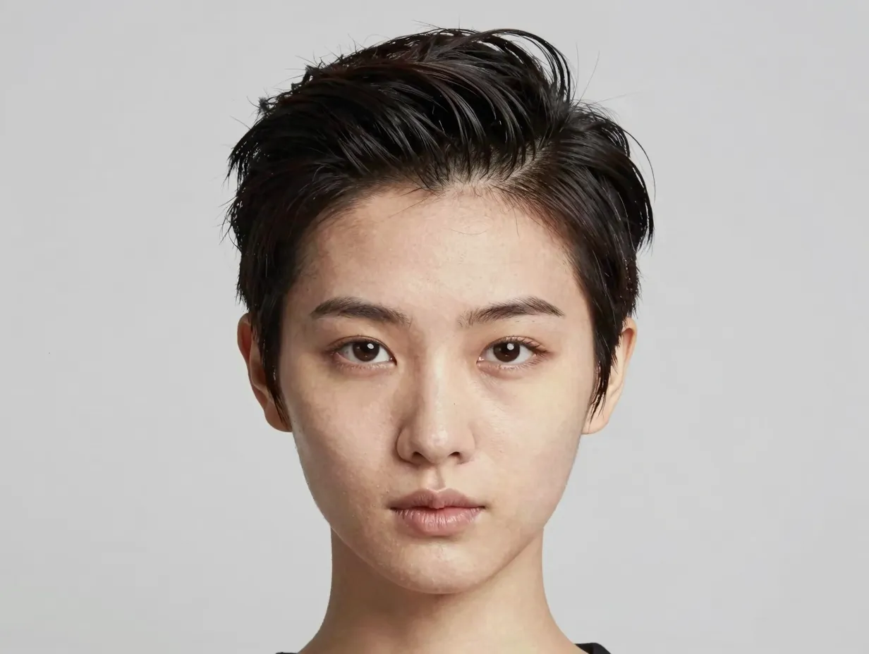 Slicked back pixie hairstyle with flat sides and lifted crown