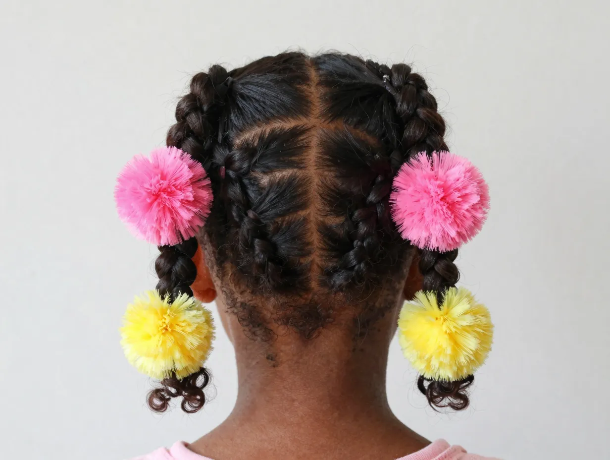 Two large cornrow braids with colorful pom pom hair ties