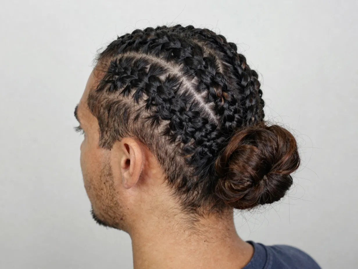 Cornrows into a low man bun structured braids with gathered length
