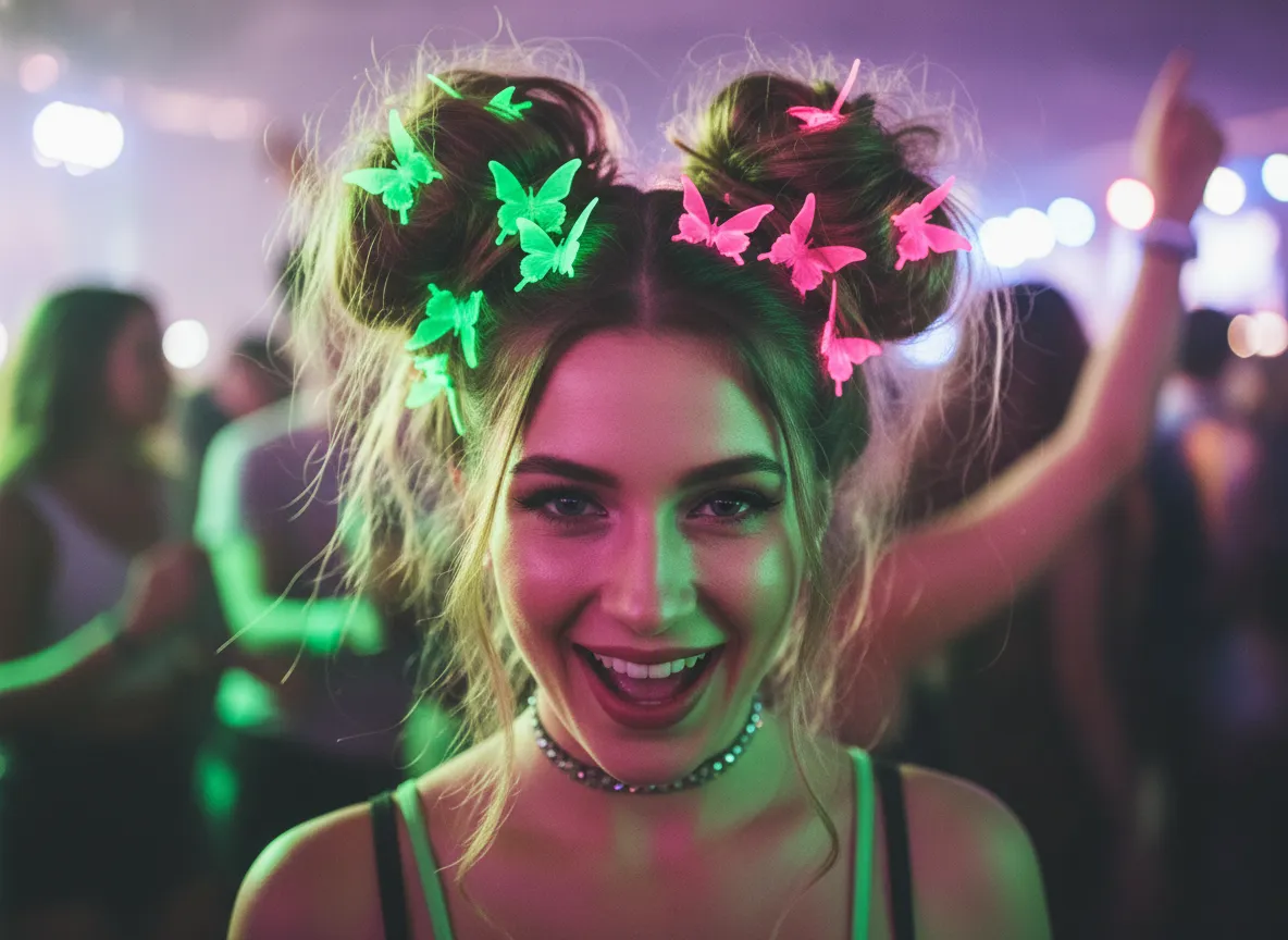 Festival space buns adorned with neon butterfly clips
