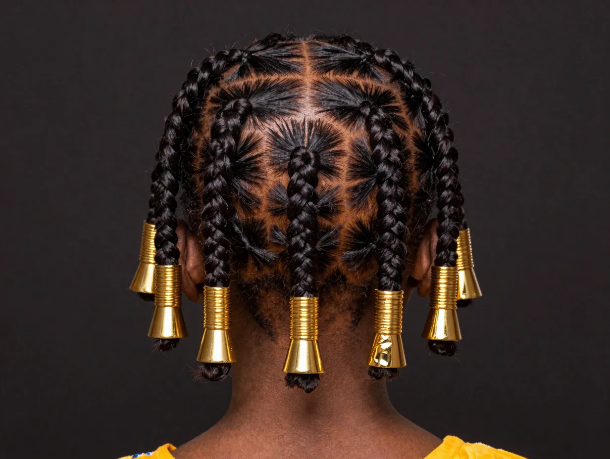 Fulani braids with center cornrow and golden hair cuffs