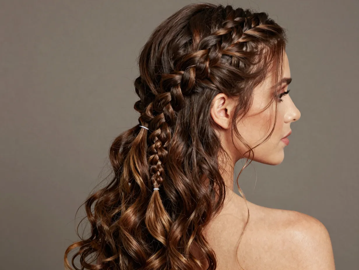 Waterfall braid cascading across head with loose wave hair