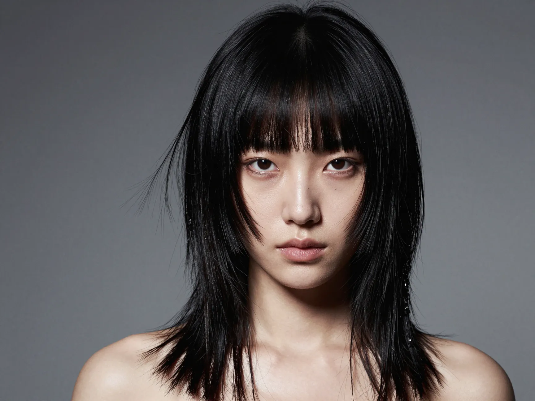 Butterfly layers with micro fringe editorial hairstyle on medium hair
