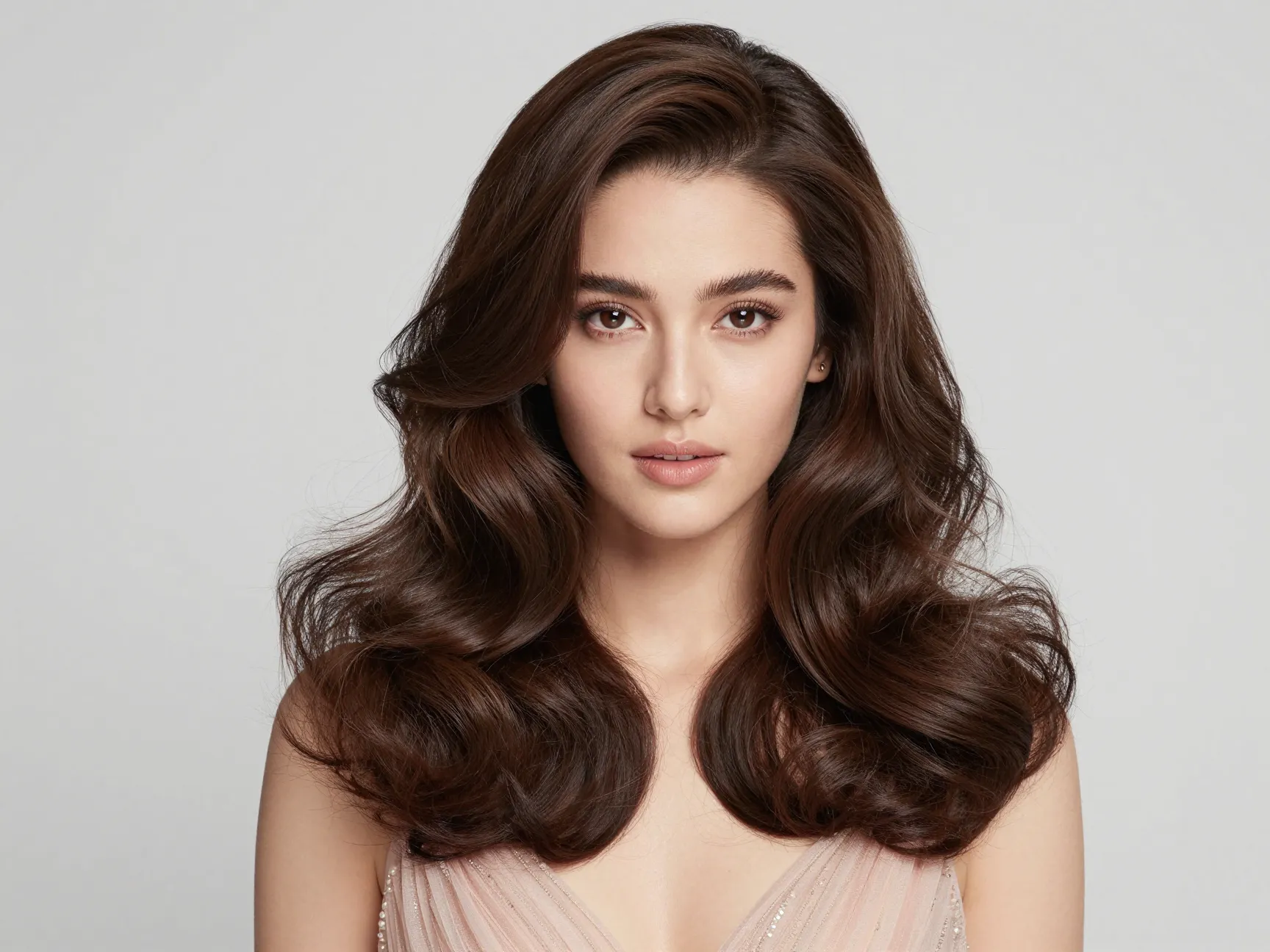 Voluminous blowout hairstyle with smooth roots and bouncy ends