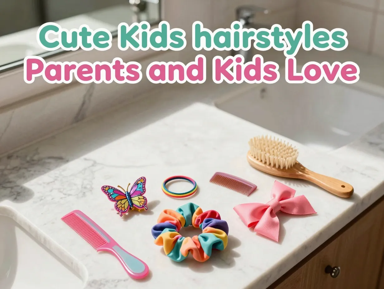 A colorful assortment of kids hair accessories on a sunlit bathroom counter