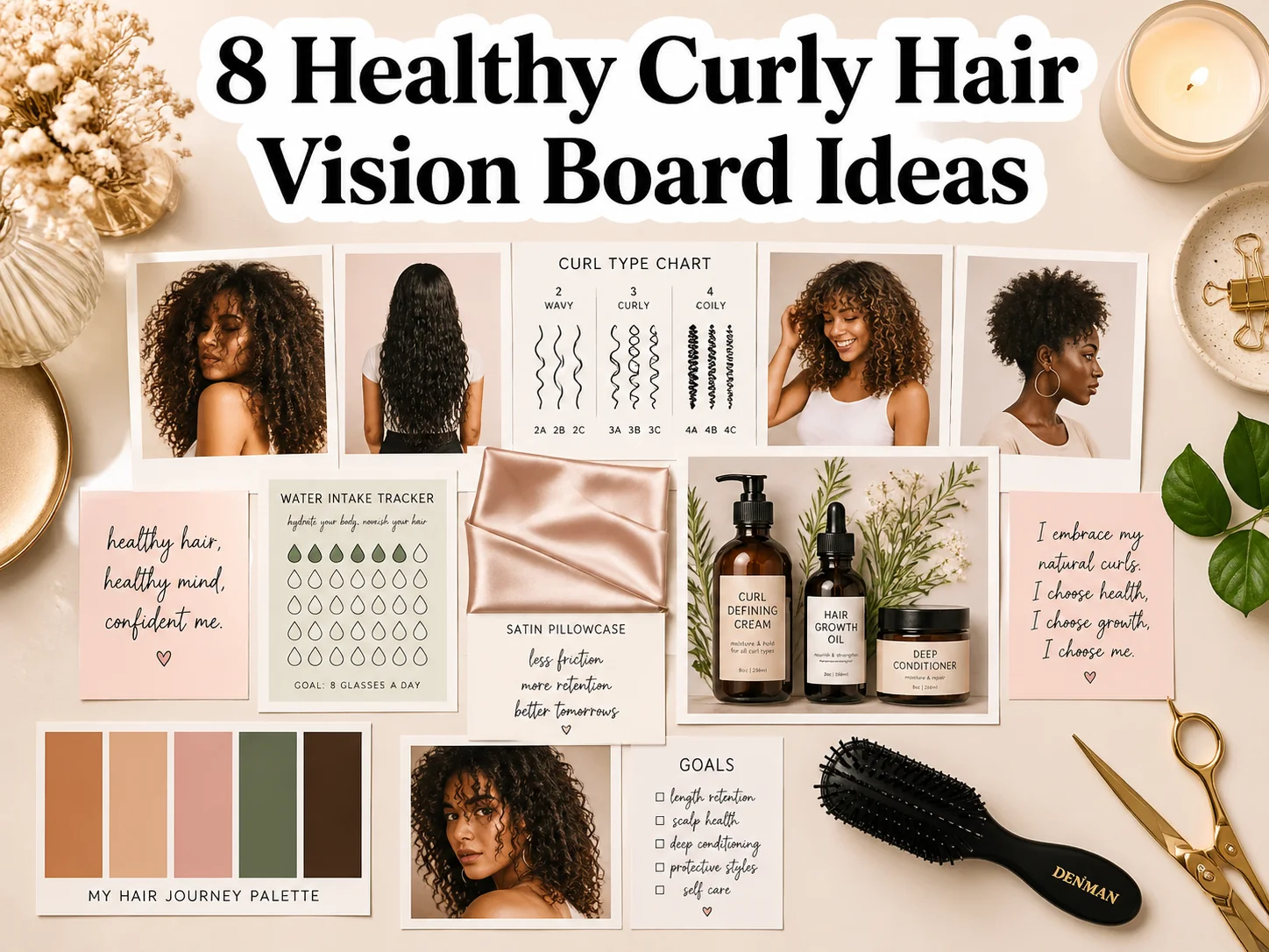 Flat lay curly hair vision board affirmations products moodboard goals