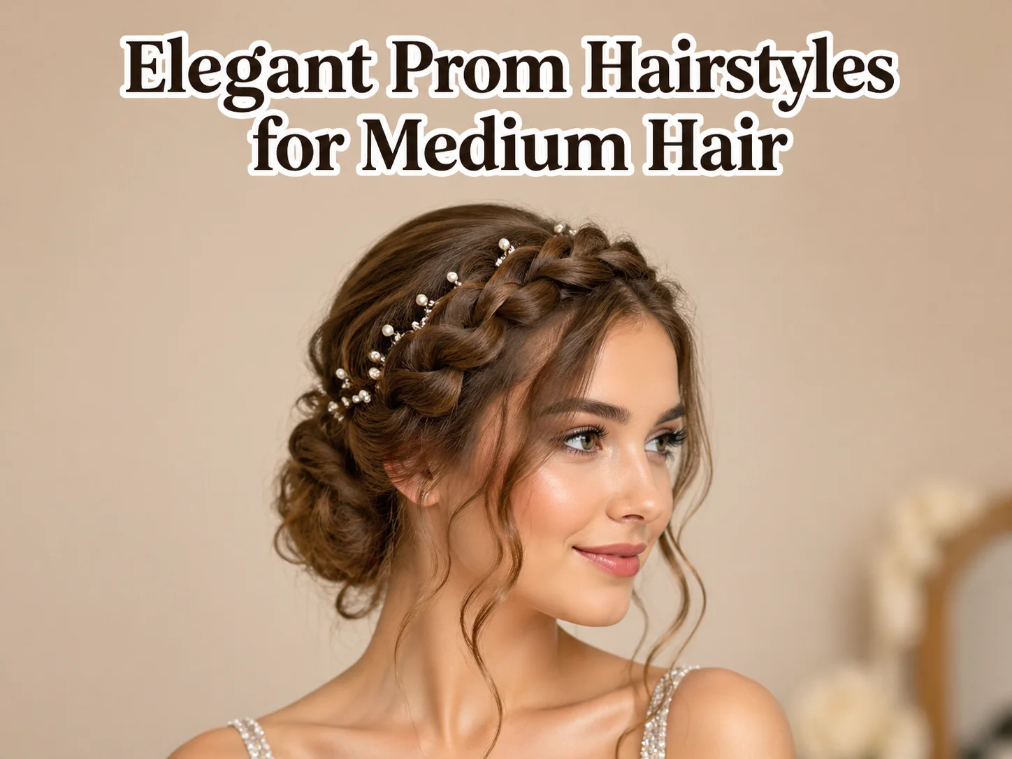 Model dutch braid crown loose curls pearl pins negative space