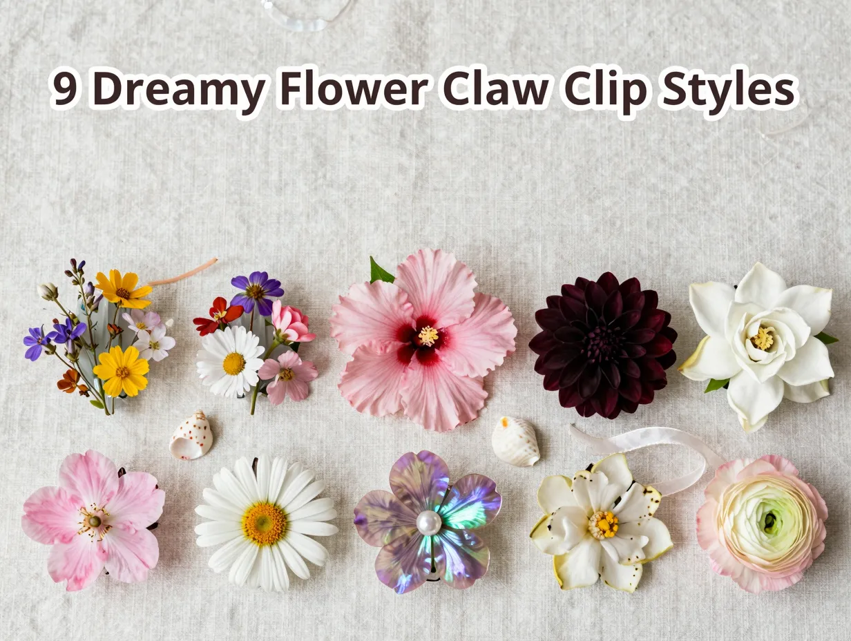 Nine floral claw clips flatlay summer aesthetic guide linen