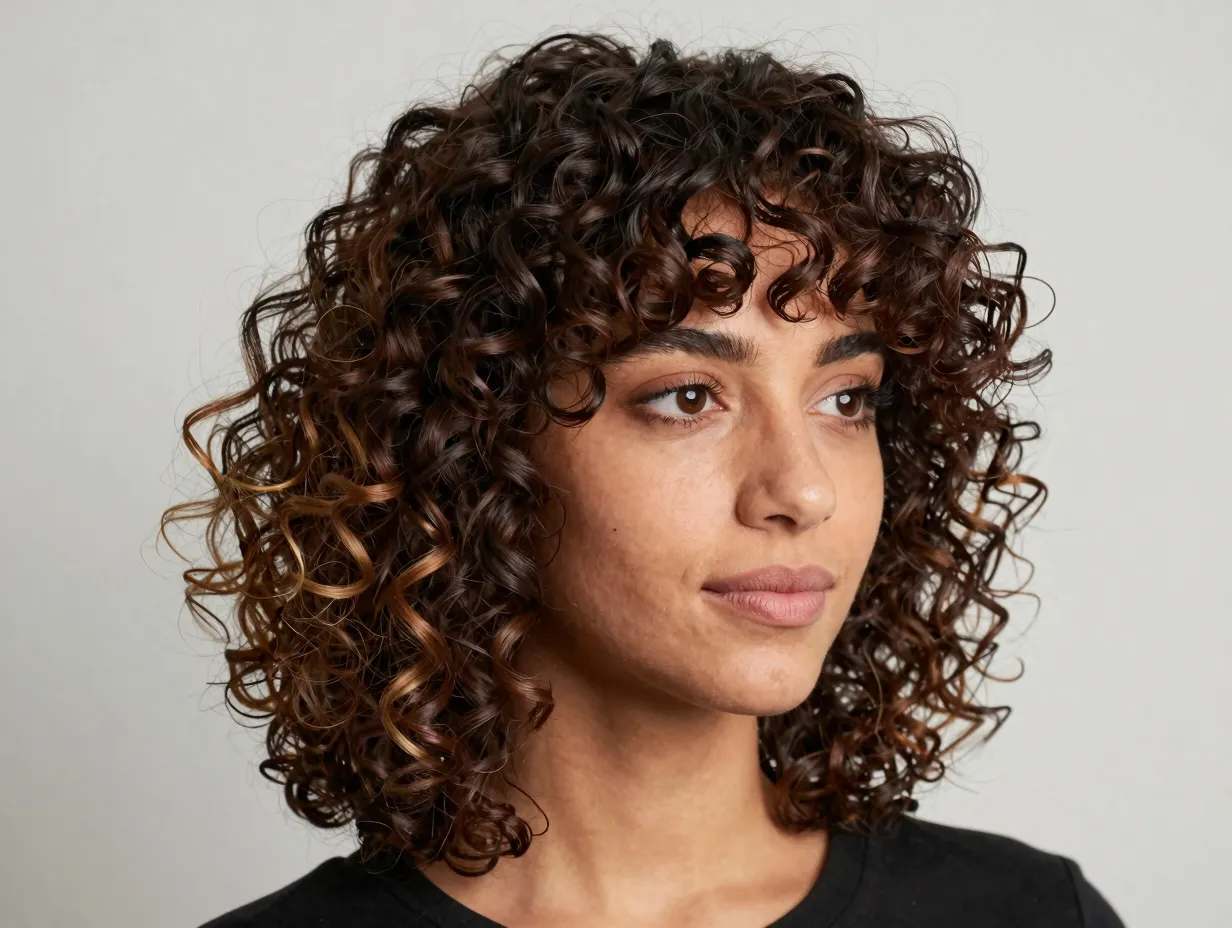 Classic butterfly cut with defined curls and rounded full silhouette