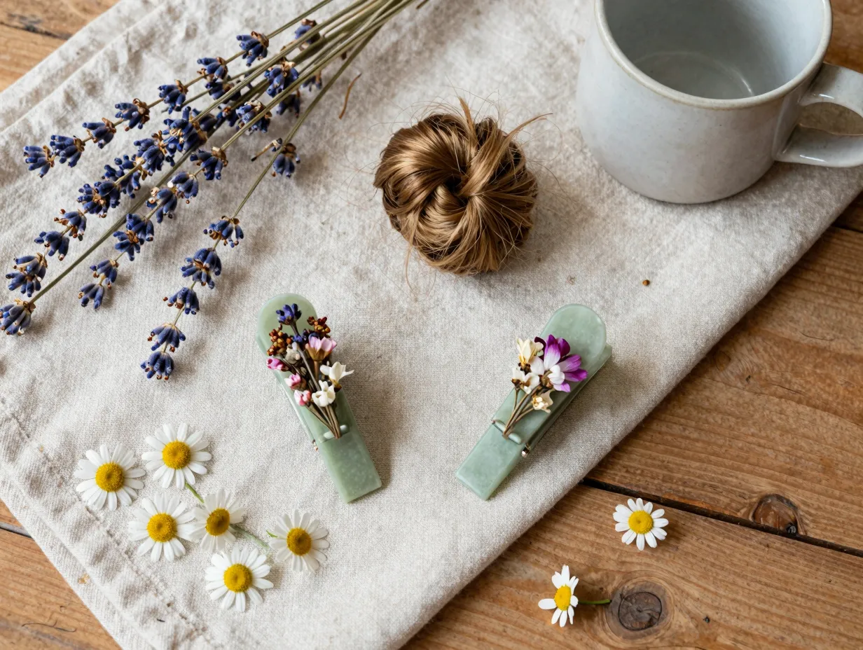 Cottagecore wildflower claw clips dried botanicals linen tabletop