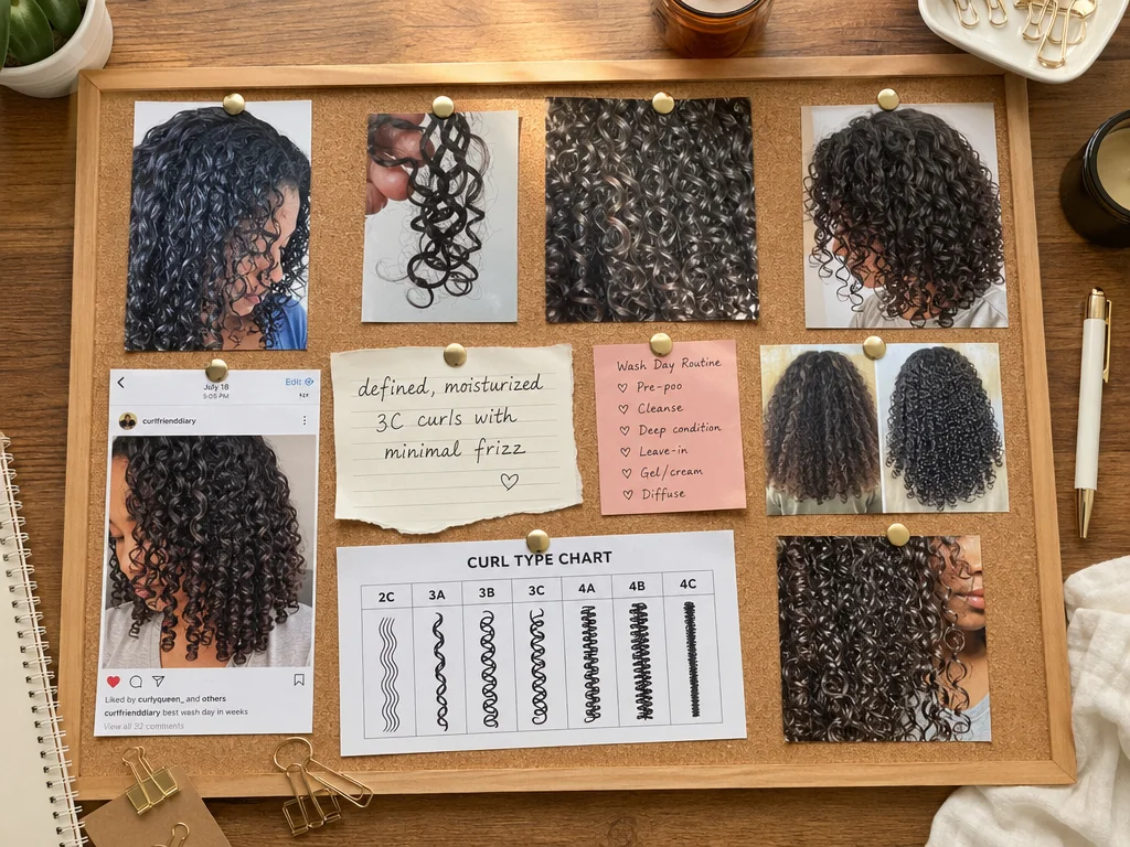 Curl definition goal board with chart and personal curl pattern photos