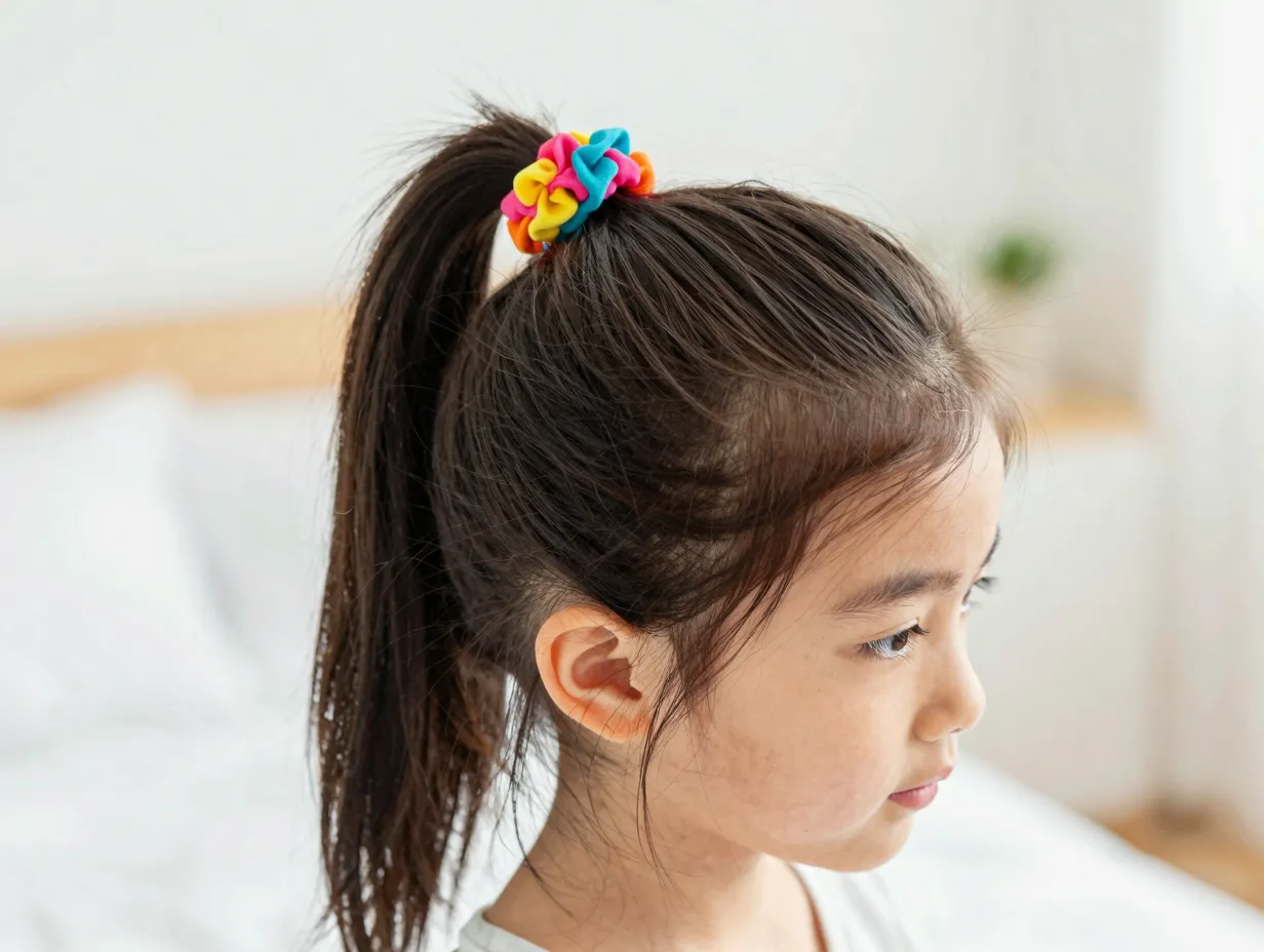 Cute young girl with a sleek high ponytail colorful scrunchie in a sunny bedroom
