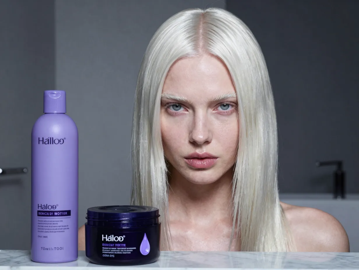 Platinum blonde hair on fair cool toned skin with purple shampoo