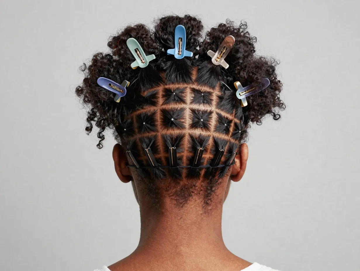 Sectioning hair into ten clips before styling ponytail