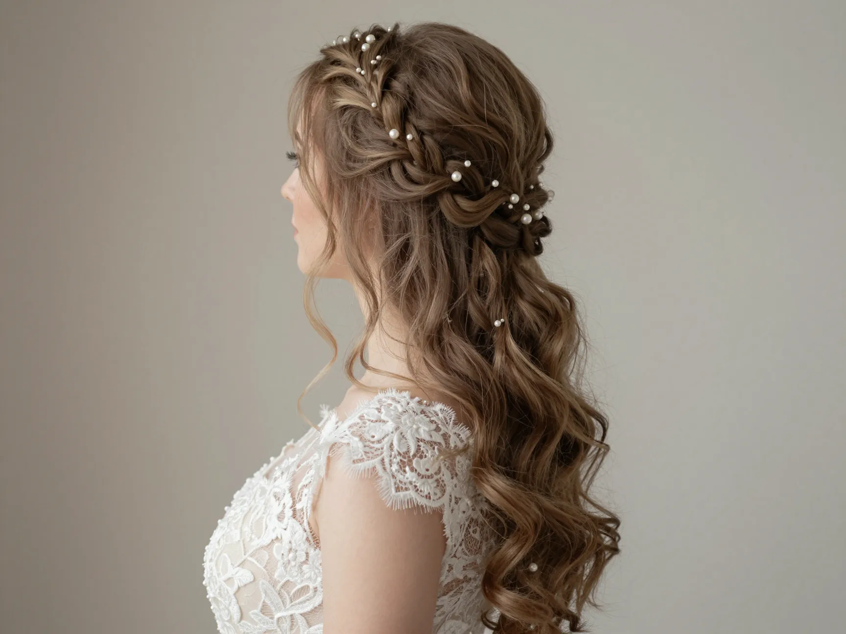 Waterfall braid with pearl pins on romantic lace gown