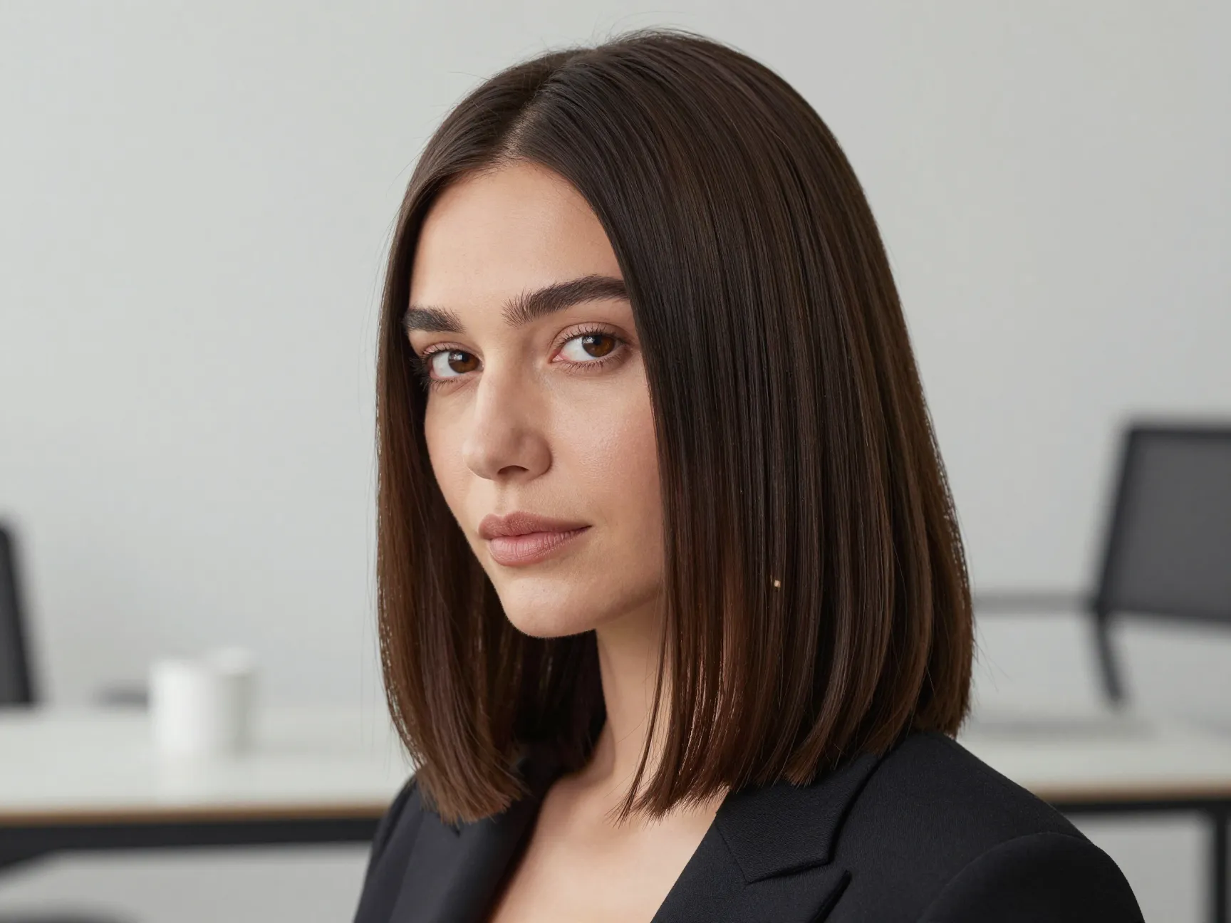 Woman with sleek classic lob hairstyle at modern desk setting