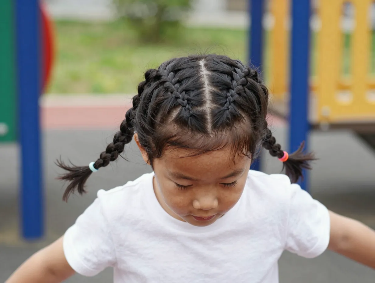 Active child with two symmetrical dutch braids on a playground