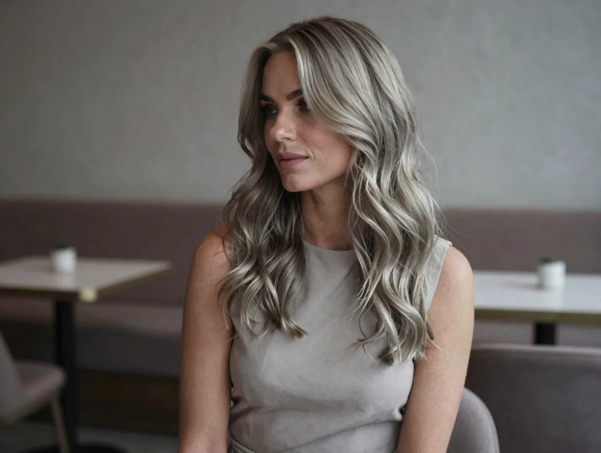 Ash blonde hair on fair medium cool toned skin in chic setting