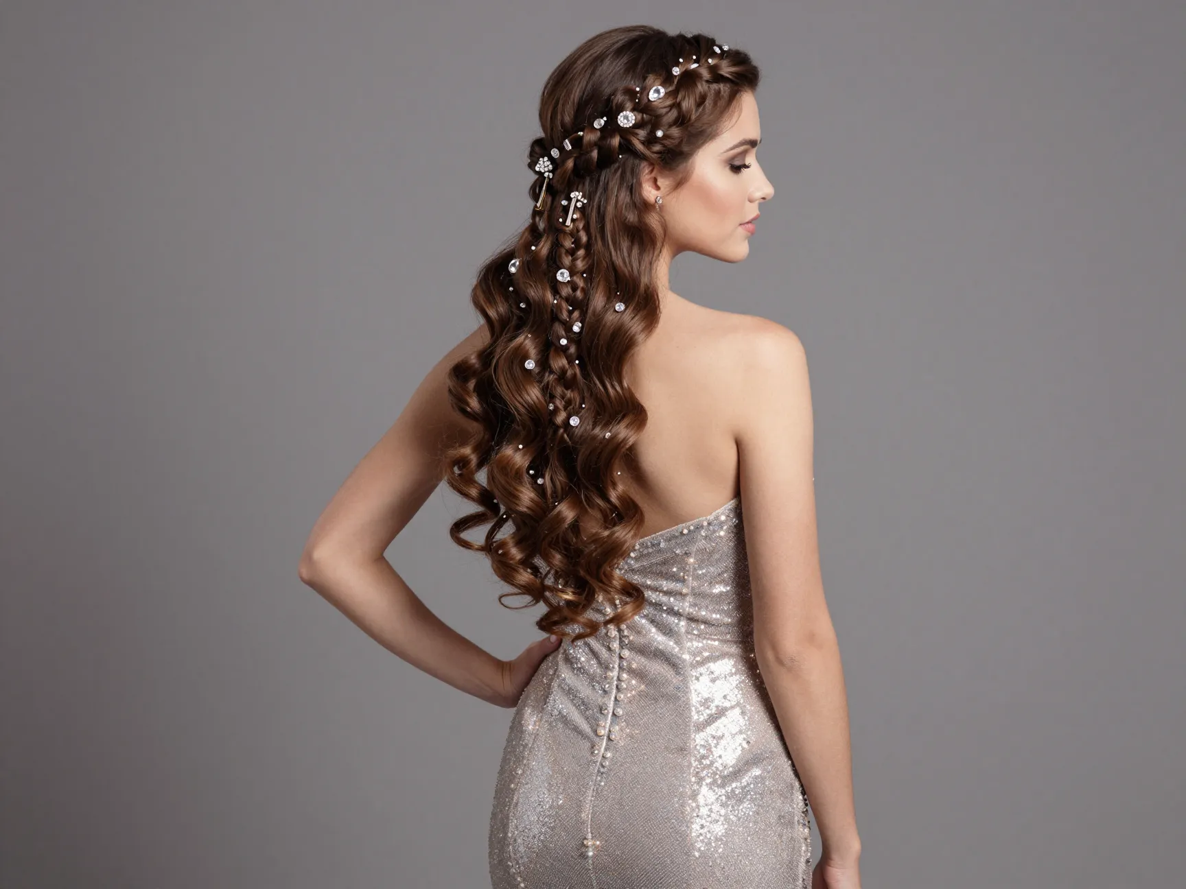 Braided half up half down with hair jewels on mermaid gown