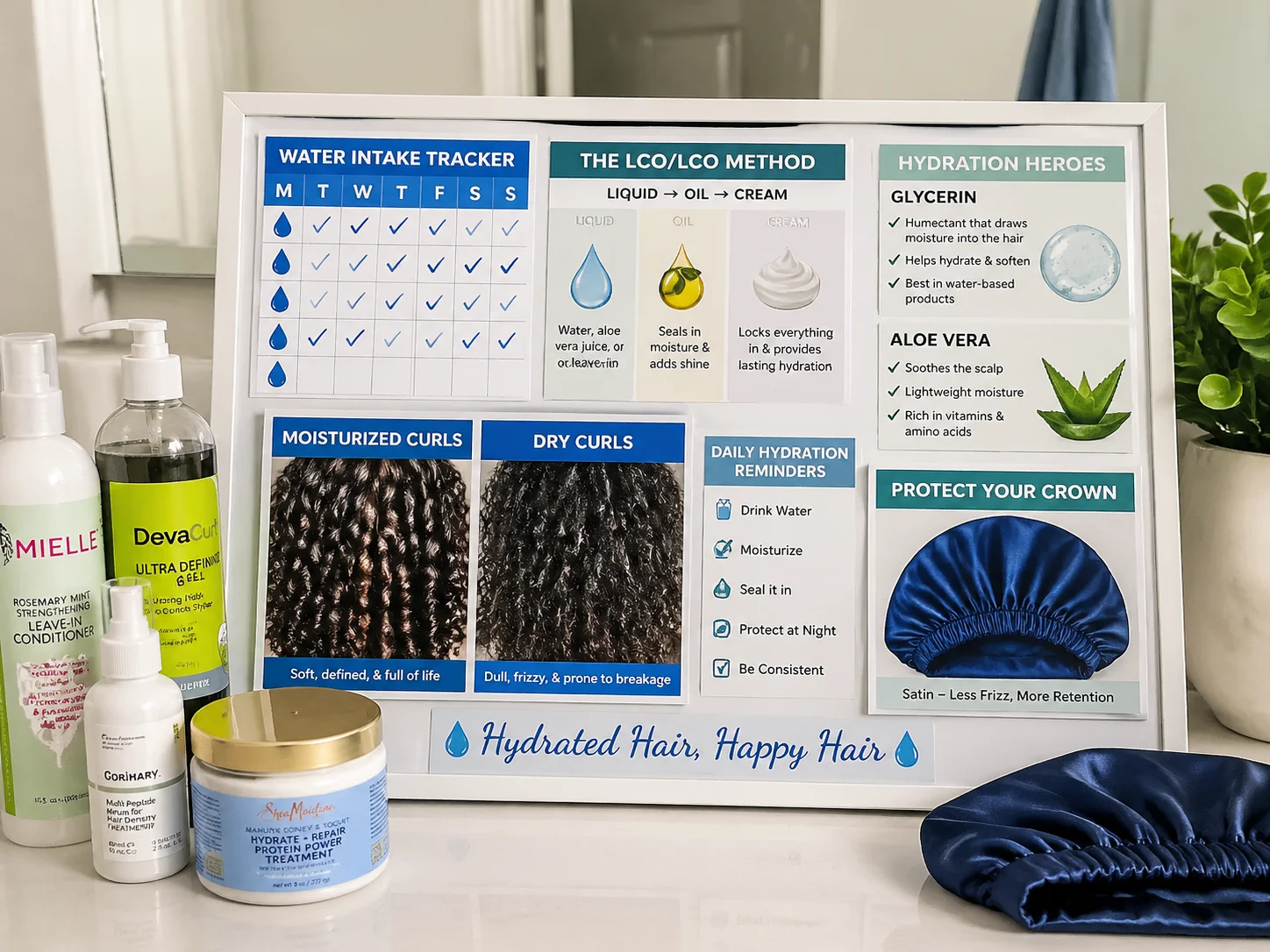 Moisture tracker board with lco diagram and hydrating products