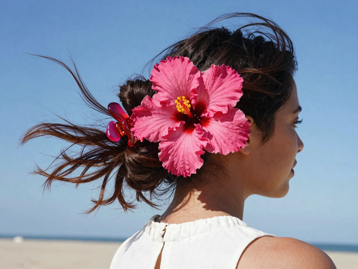 Vibrant tropical hibiscus claw clip high bun beach