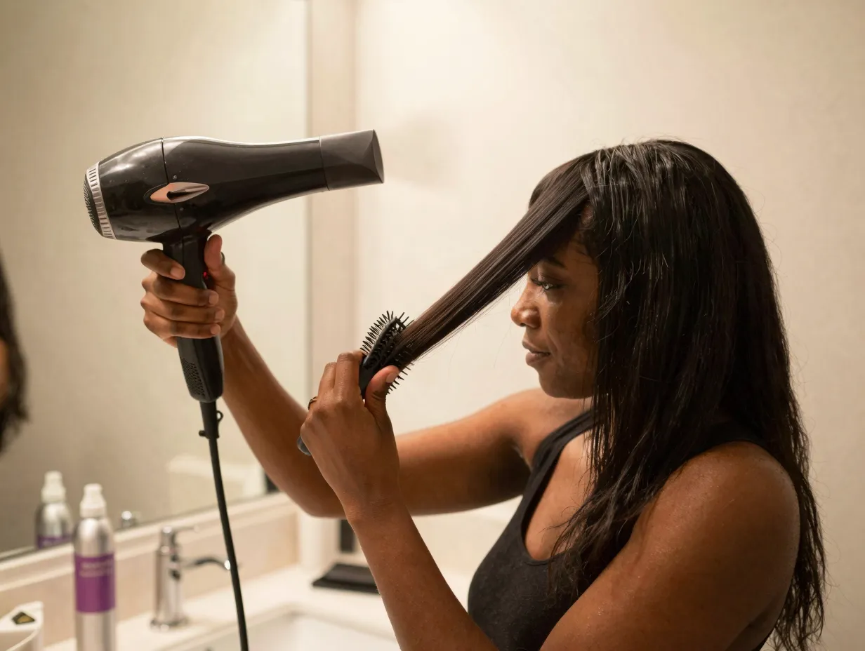 Blow drying sectioned hair with tension for preparation