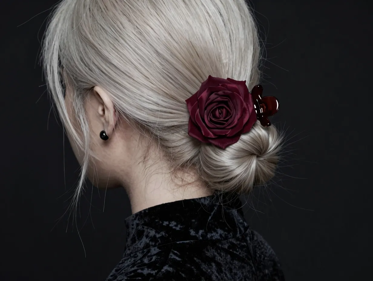 Dark burgundy rose claw clip sleek bun platinum hair