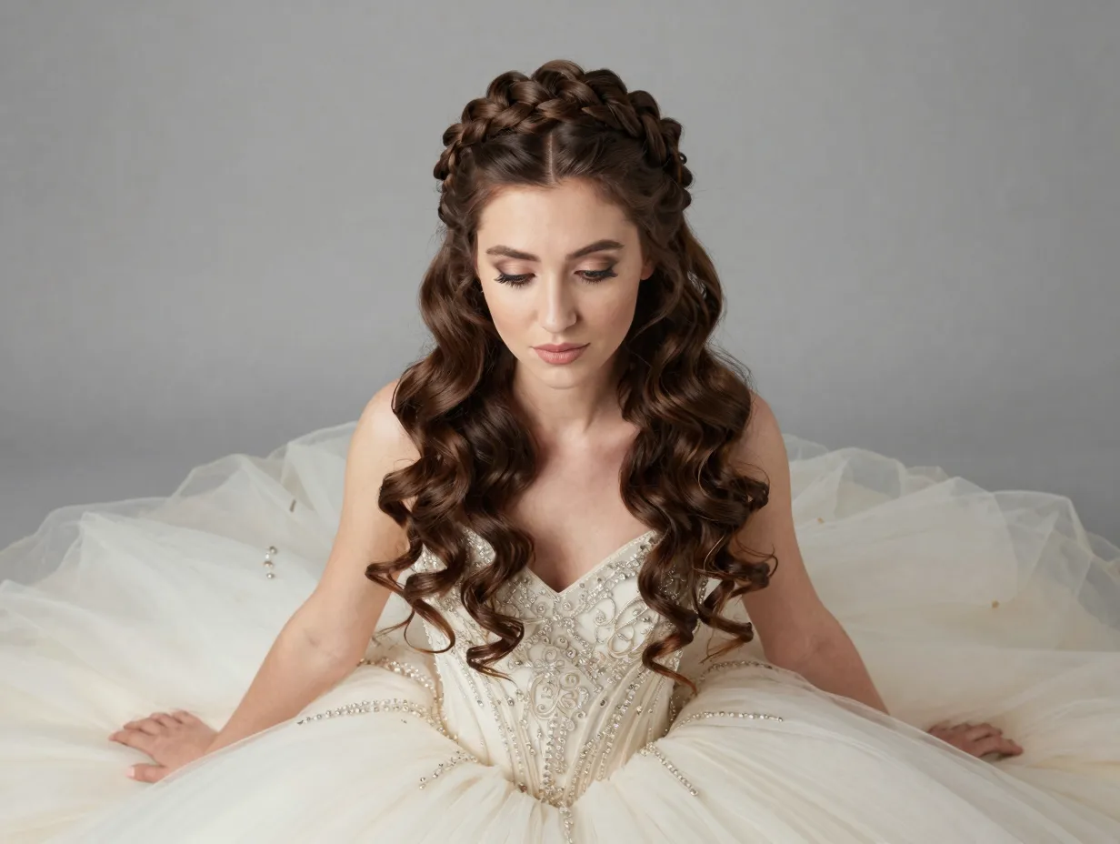 Dutch braid crown with loose curls on embellished ball gown