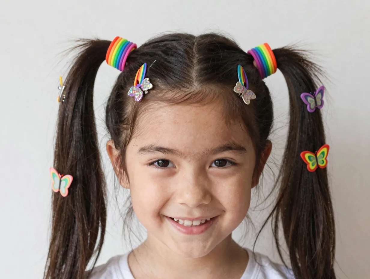 Smiling child with playful high pigtails and rainbow butterfly clips