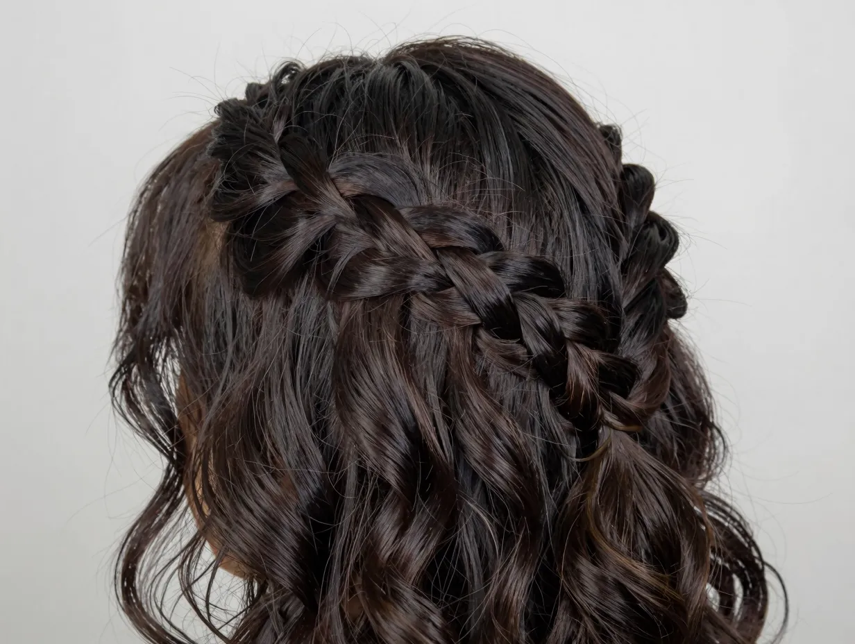 Bold three dimensional dutch braid raised on dark wavy hair