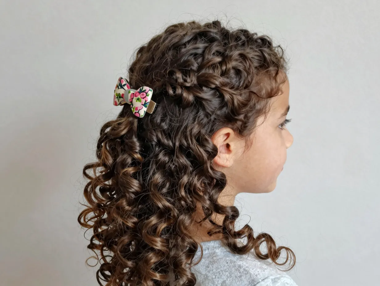 Child with curly hair in a half up half down style floral clip
