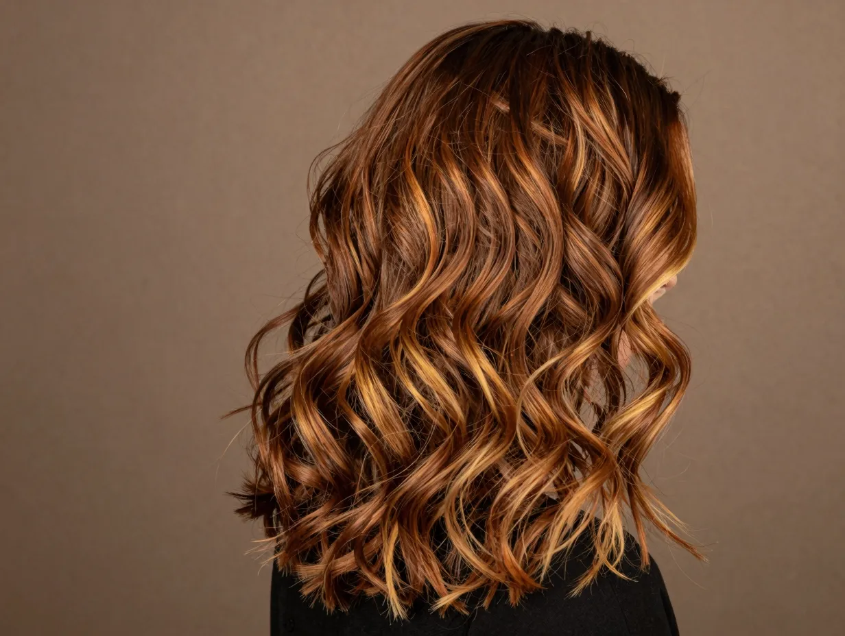 Cinnamon brown base with warm caramel highlights autumn effect