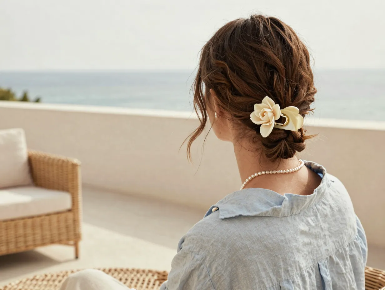 Coastal gardenia claw clip french twist pearl necklace