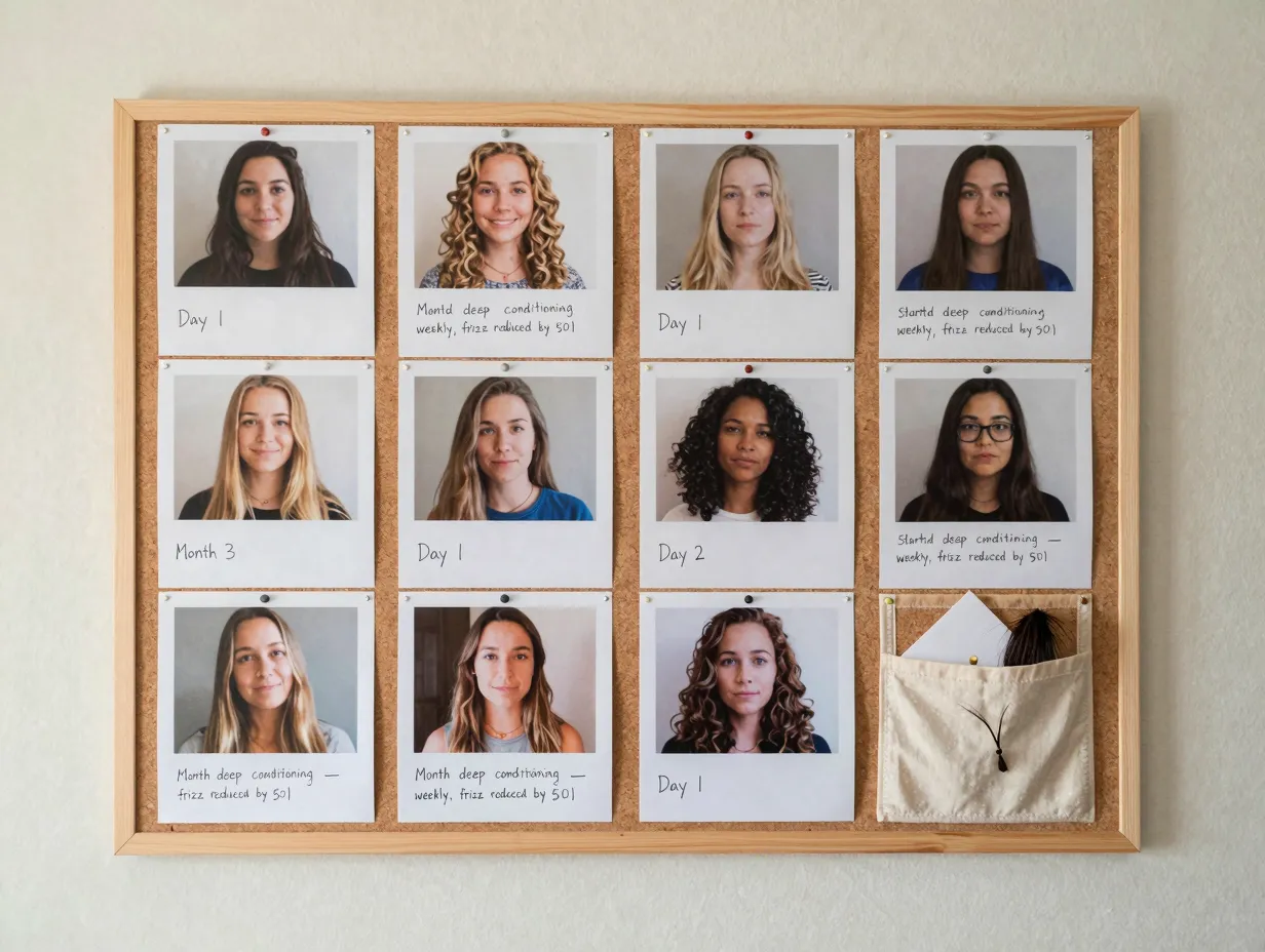 Curl transformation progress board with chronological before after photos