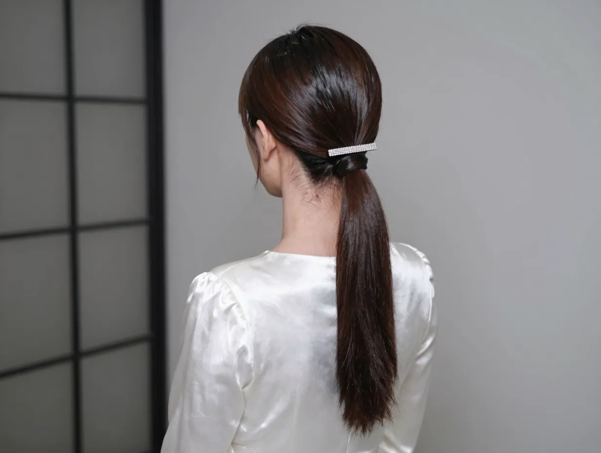 Sleek side swept low ponytail with jeweled barette on satin gown