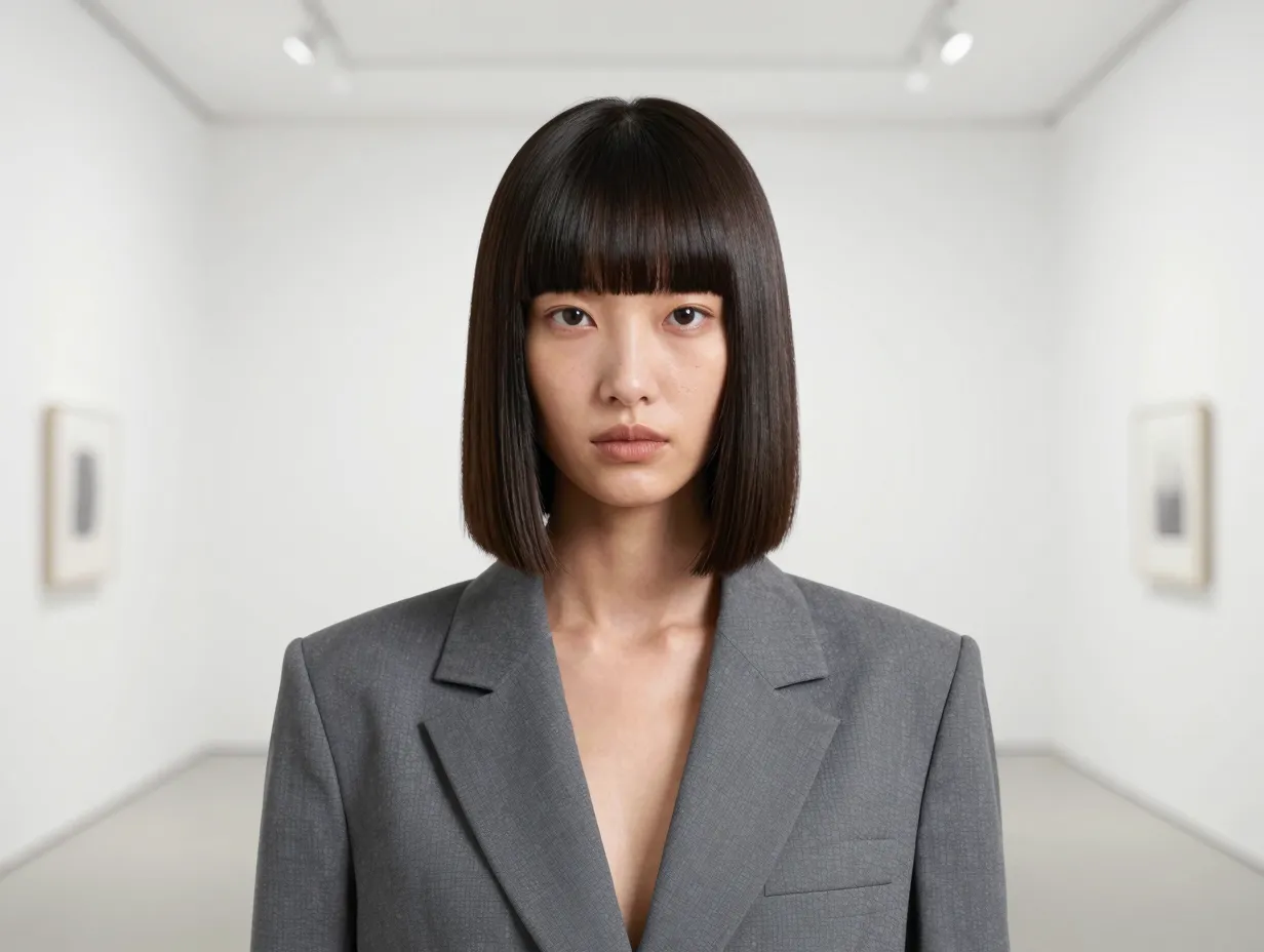 Woman with sharp blunt collarbone cut in minimalist gallery