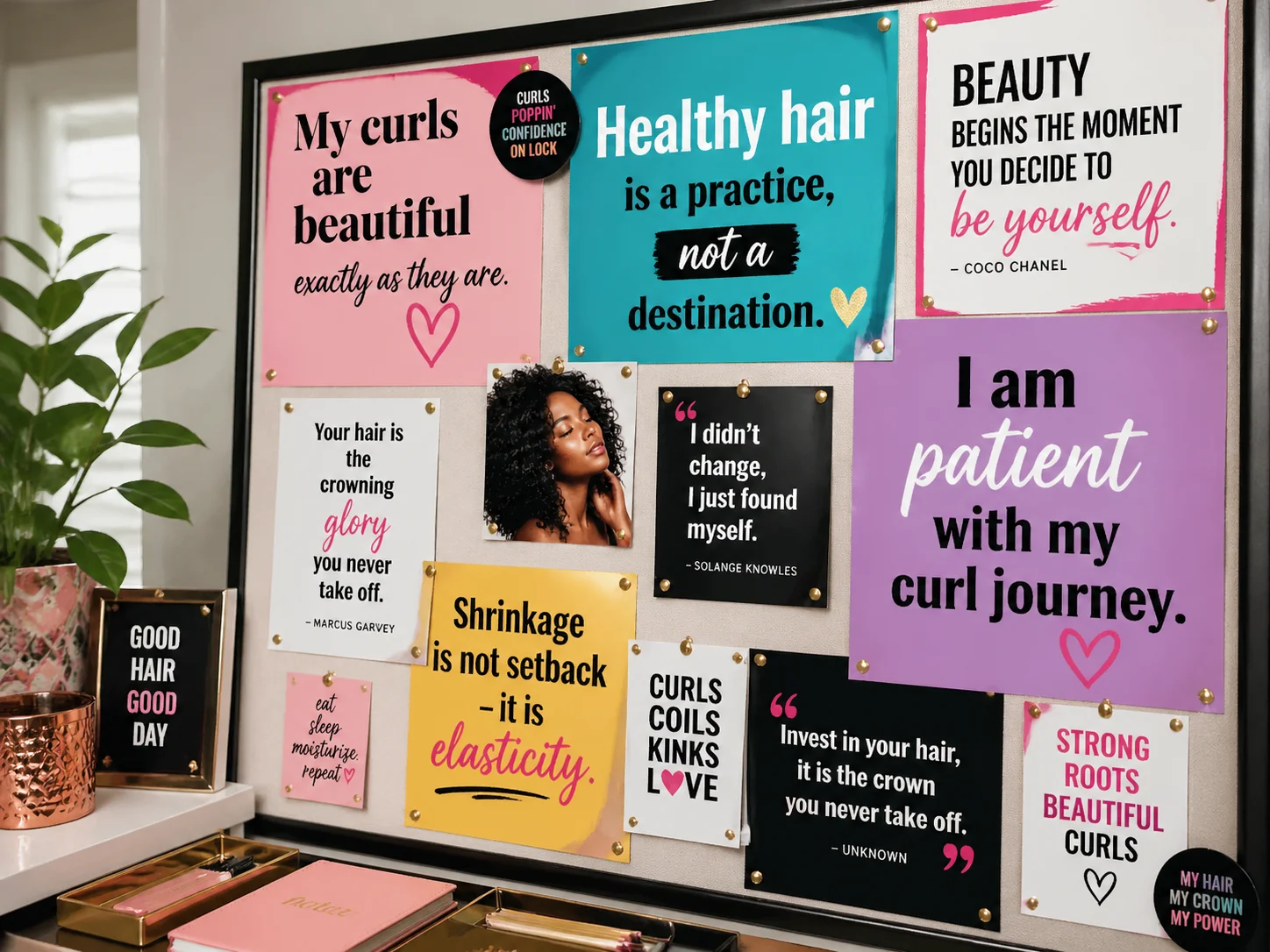 Affirmations mindset board with bold positive statements and quotes